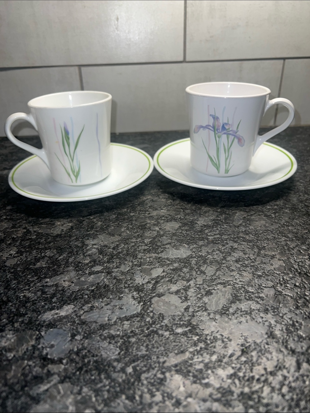 Corning/Corelle Cup and saucer set in shadow Iris. Exc condition.